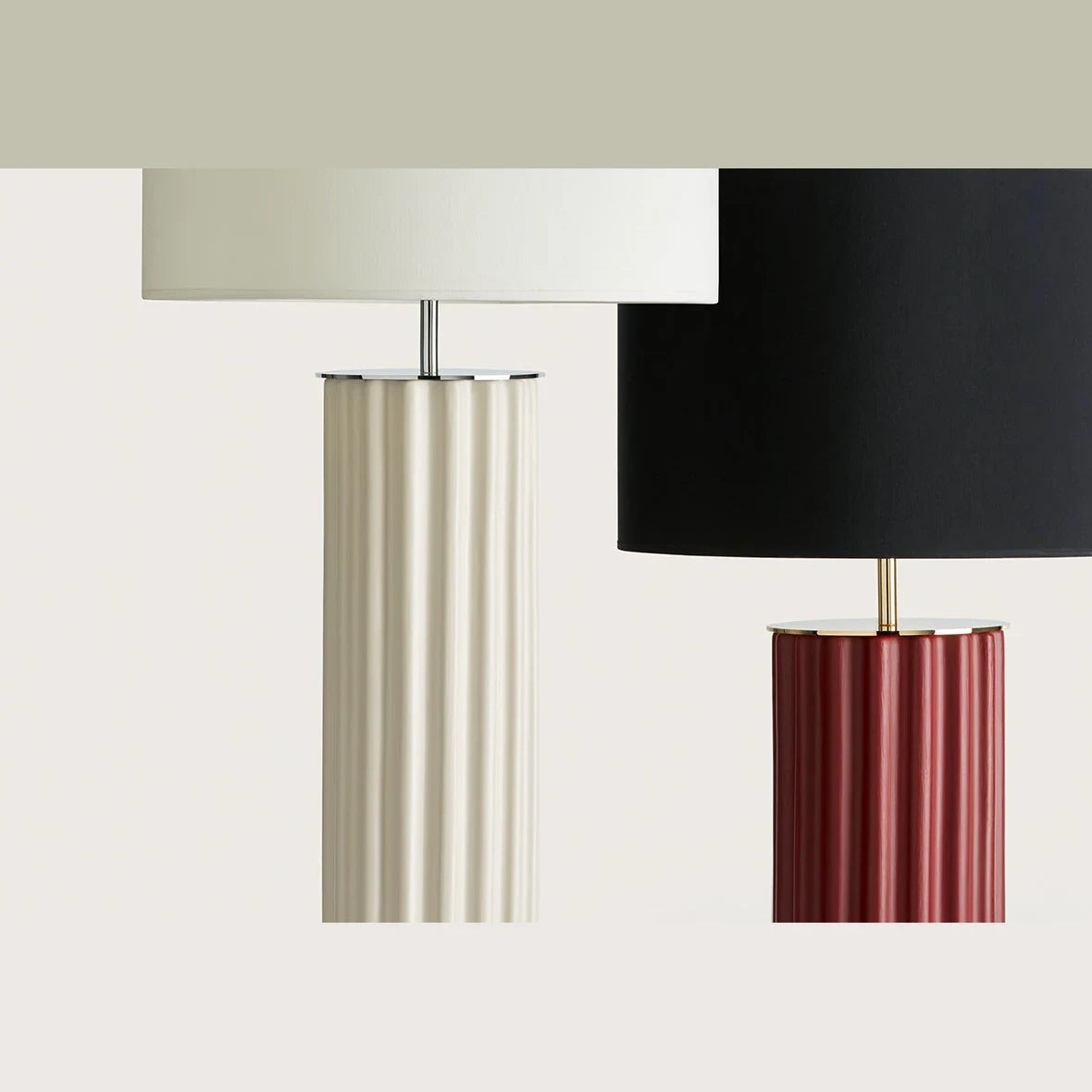Fluted ceramic column table lamp, close-up of the fluted columns in cream and red, with shades (not included)