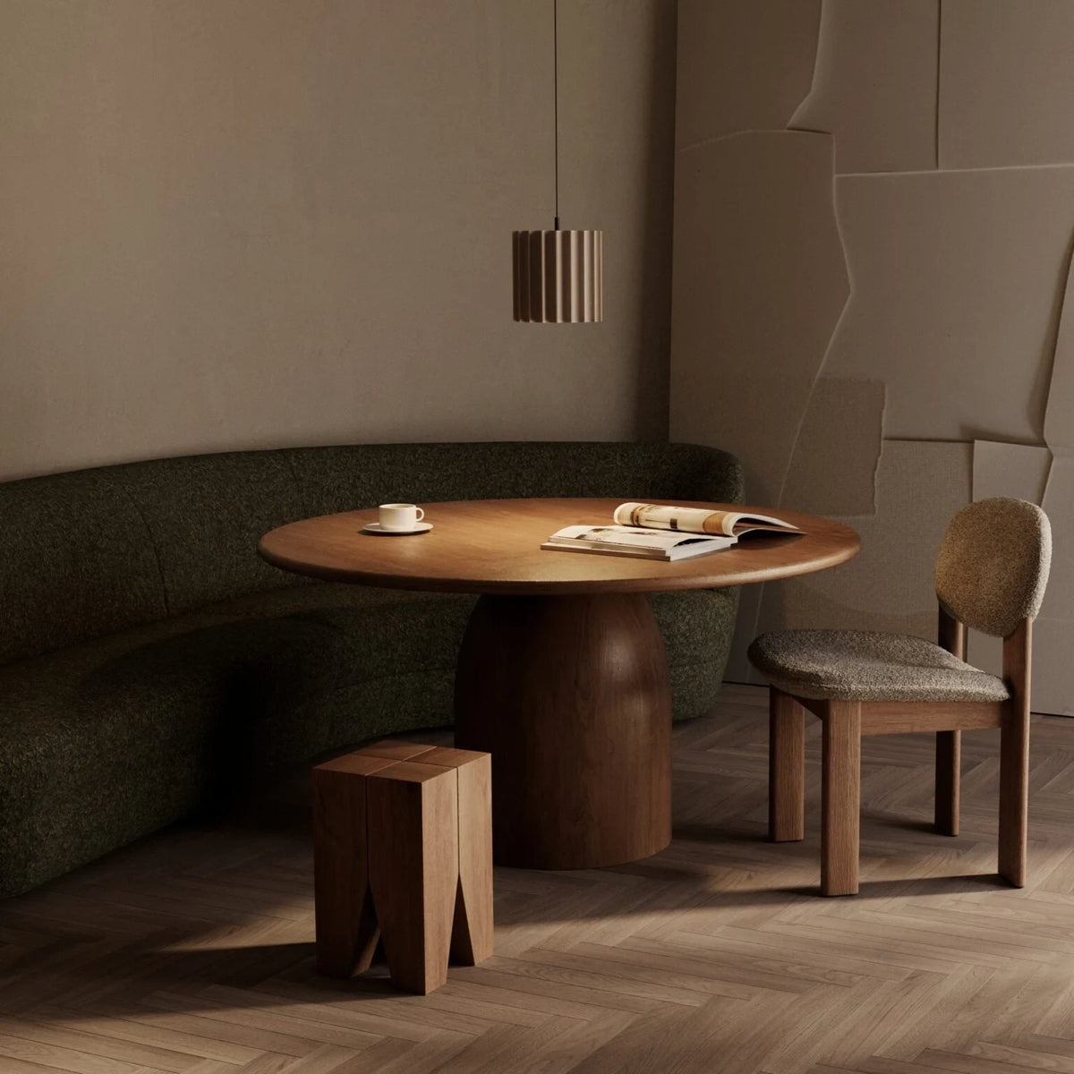 Fluted ceramic LED pendant, above a round dining table