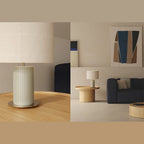 Fluted ceramic table lamp, in pale green, in a living room, with a shade (not included)