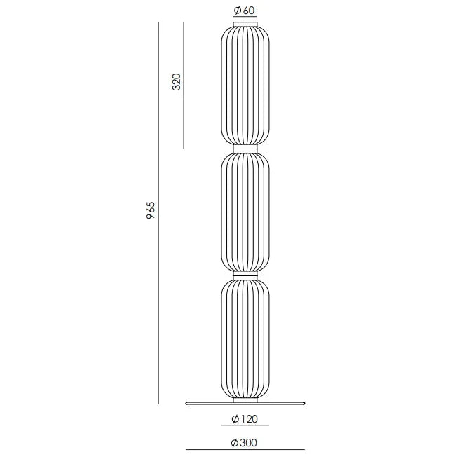 Fluted glass capsule floor lamp with three segments, dimension drawing