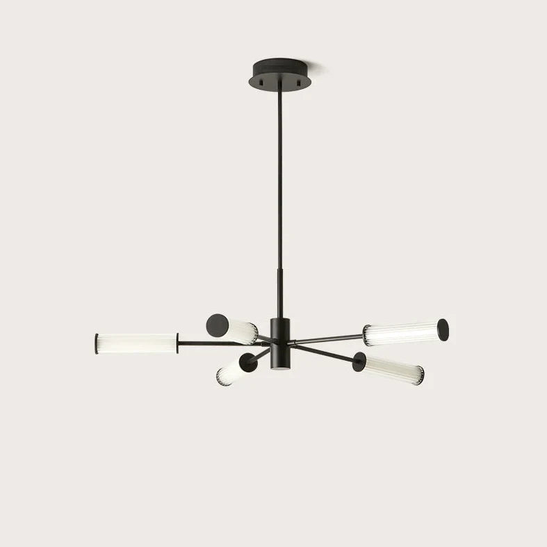 Fluted glass tube LED chandelier, in matt black on a plain background