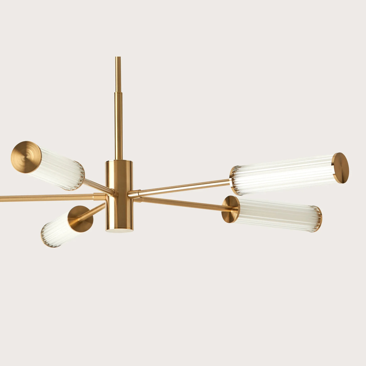 Fluted glass tube LED chandelier, in aged gold