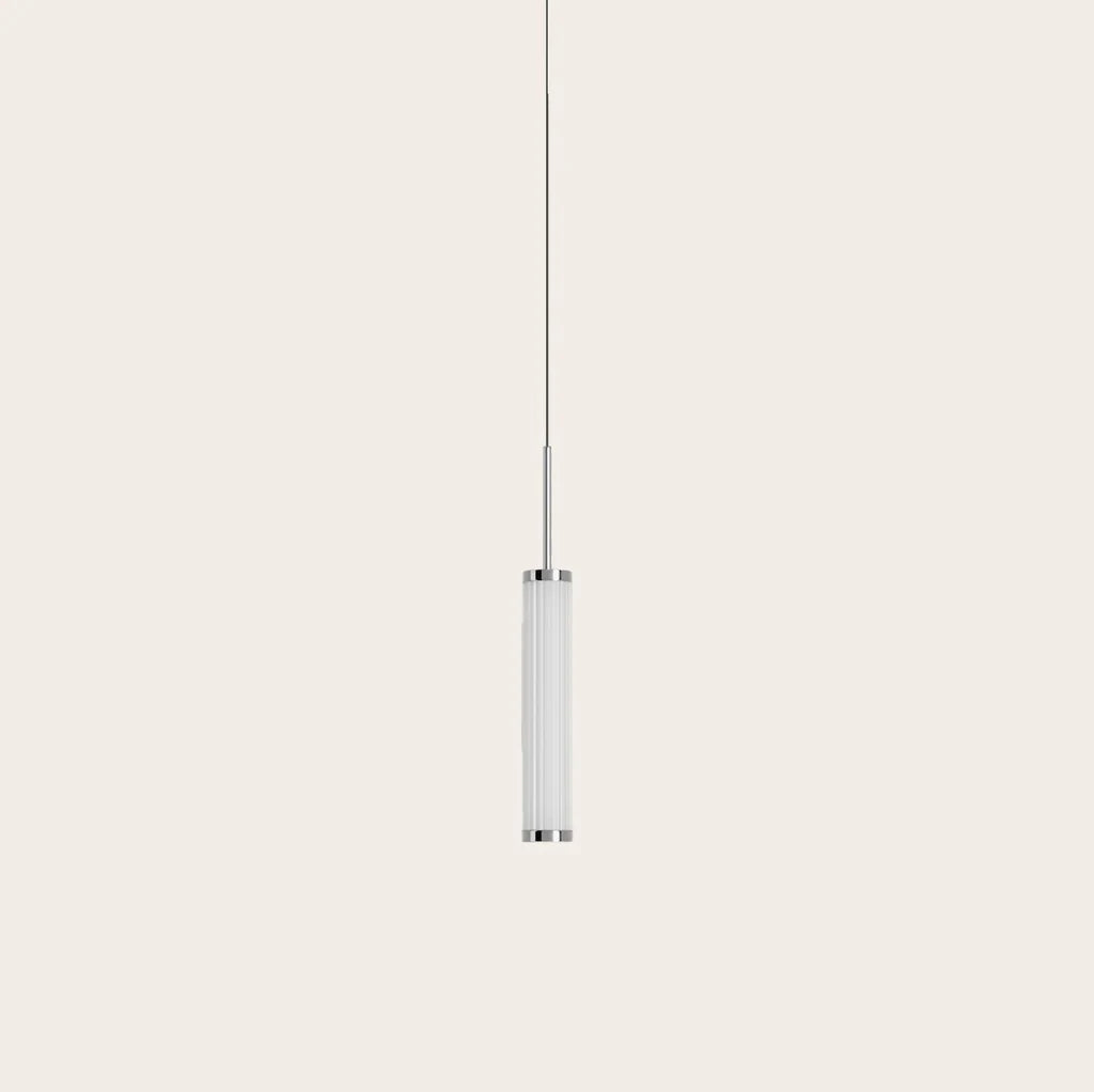 Fluted glass tube LED pendant, on a plain background