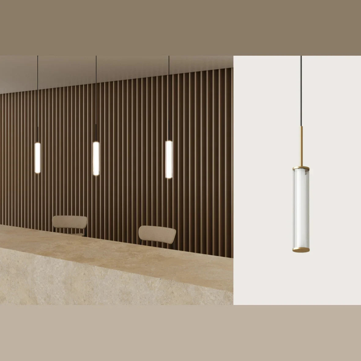 Fluted glass tube pendant, set of three in a lobby
