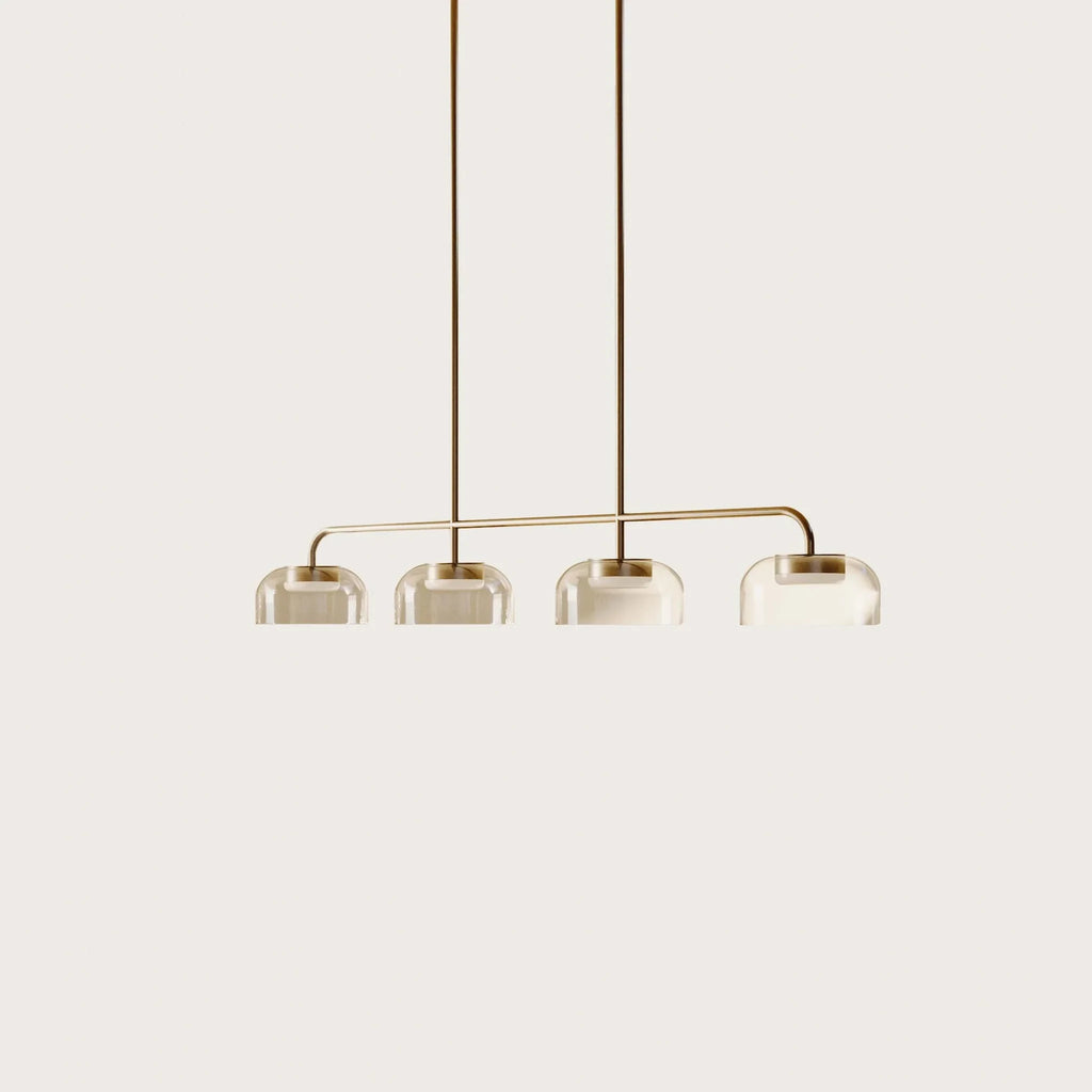 Four-dome linear glass pendant with integrated LED, gold bar with four shades
