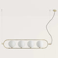 Four globe linear pendant, in matte brass
