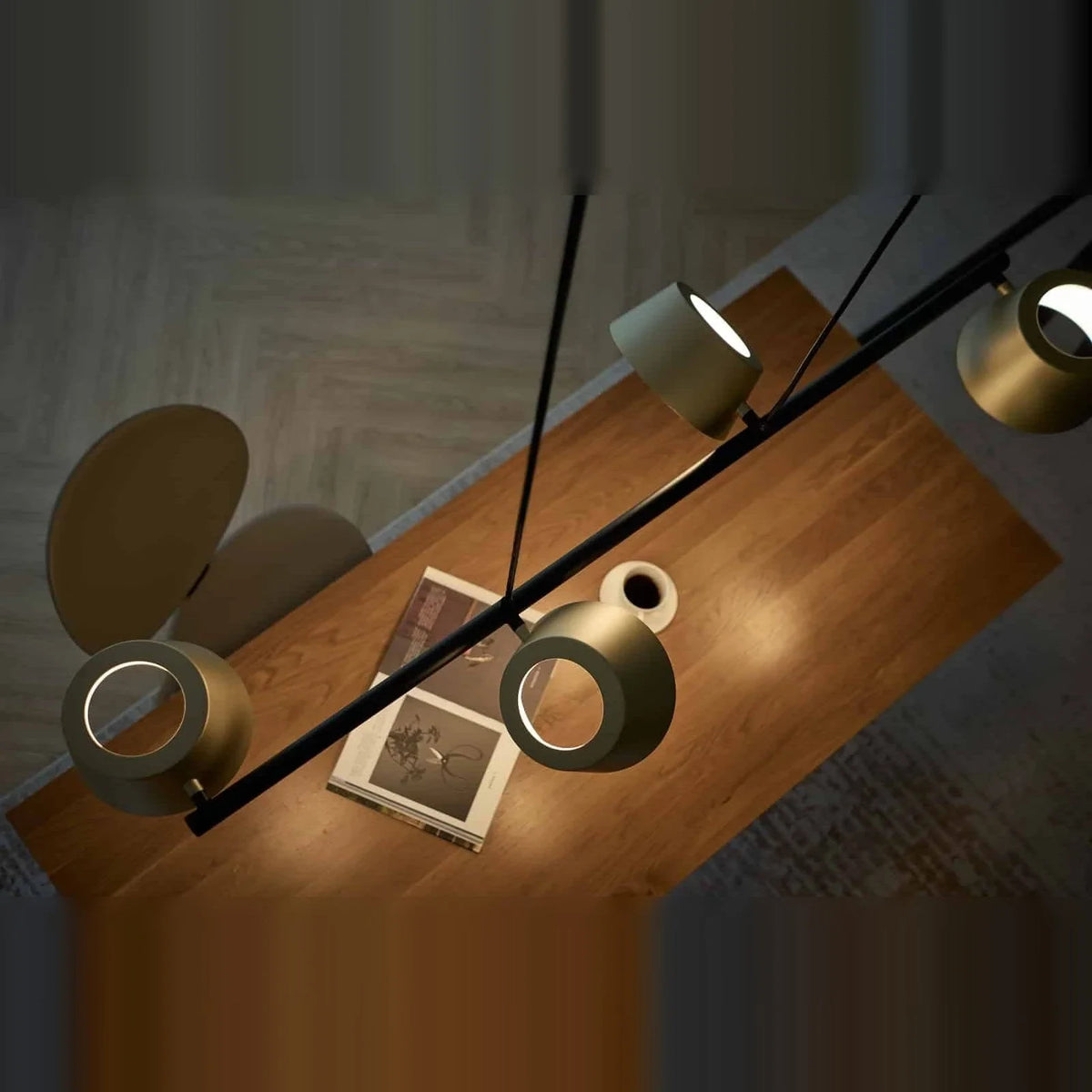 Four-head hollow cone linear LED pendant, above a dining table, from above