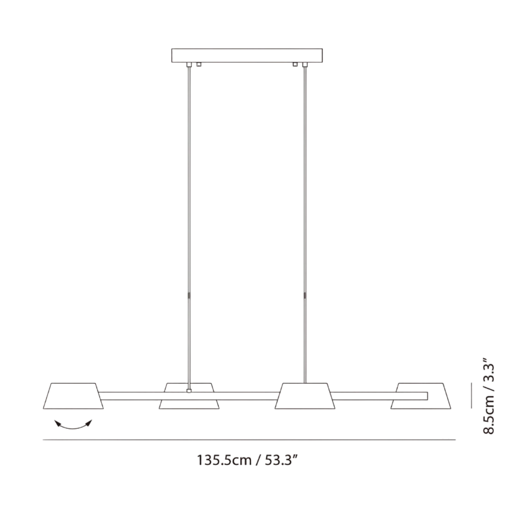 Four-head hollow cone linear LED pendant, dimension drawing