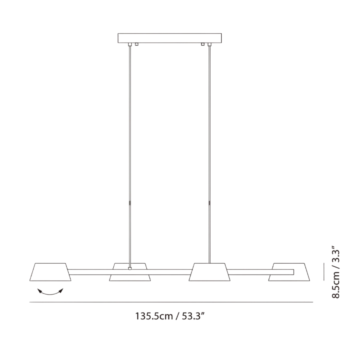 Four-head hollow cone linear LED pendant, dimension drawing