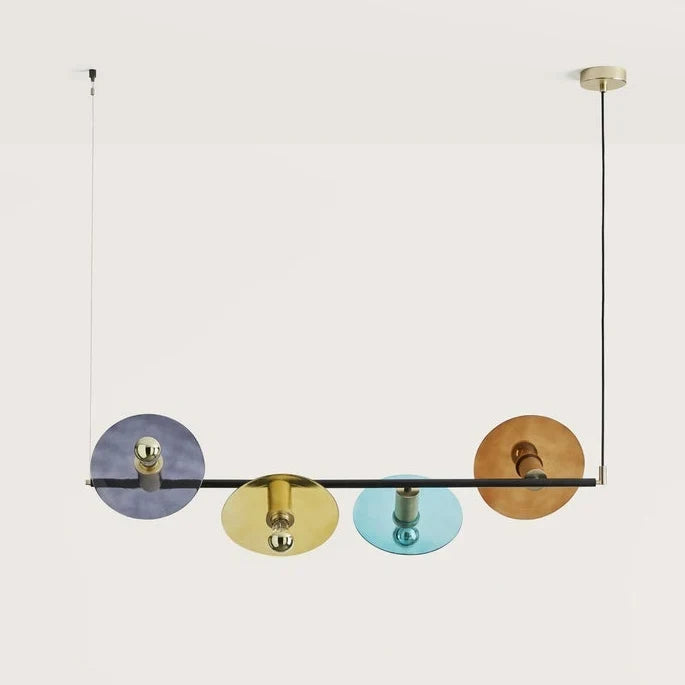 Four-light bar pendant, close-up with optional coloured glass discs