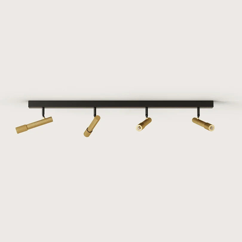Four-spot ceiling bar light, with gold spots on a black bar