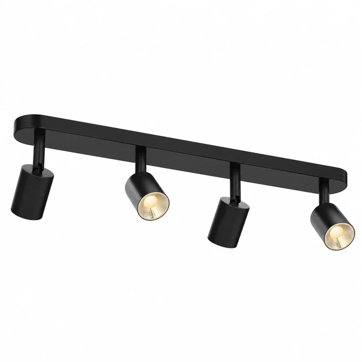 Four-spotlight ceiling bar light in matt black, on a white background