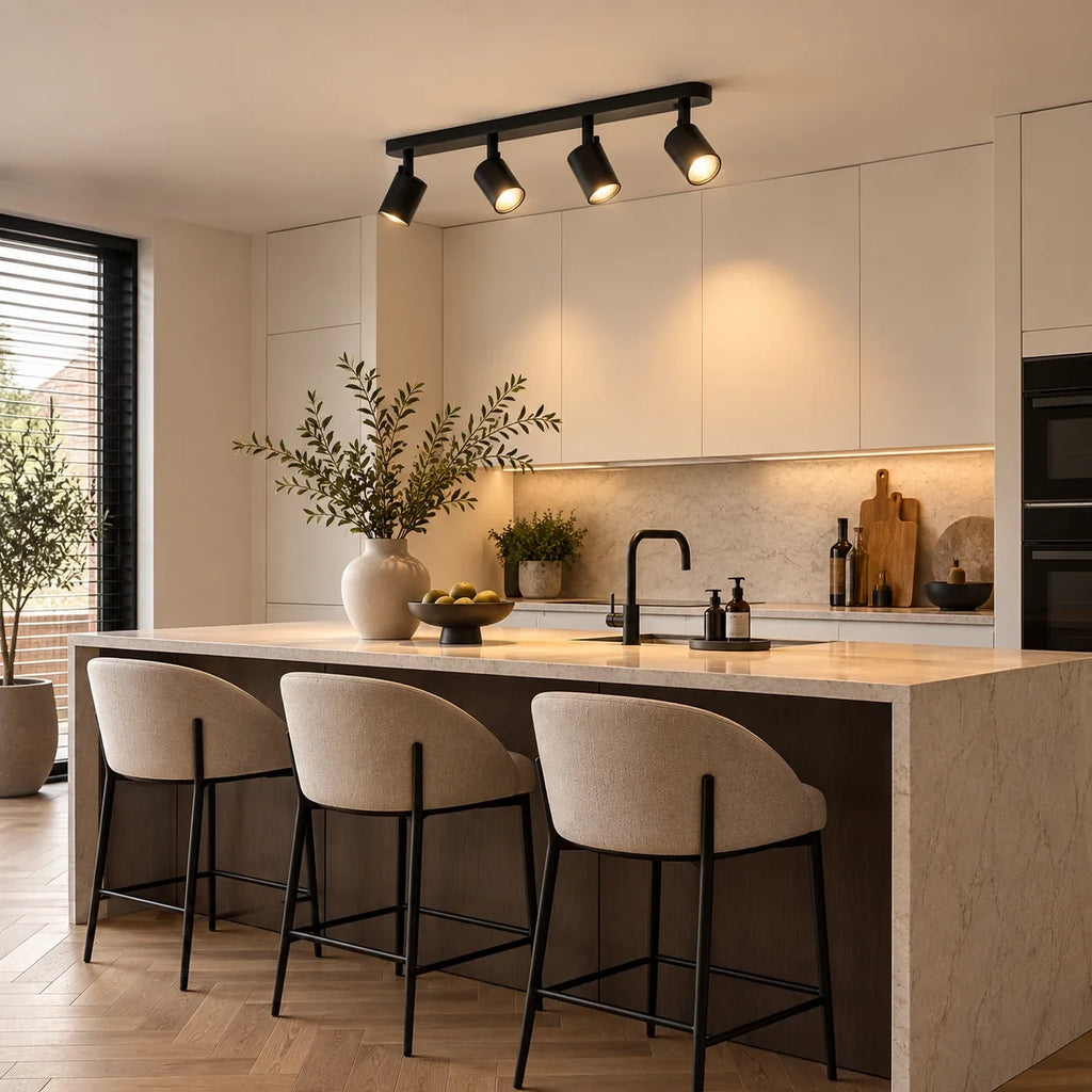 Four-spotlight ceiling bar light in matt black, above a kitchen island