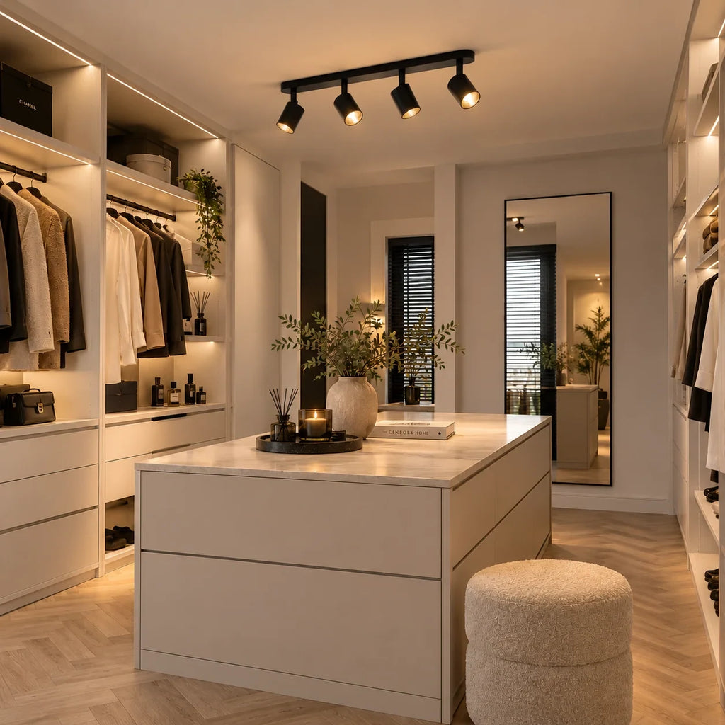 Four-spotlight ceiling bar light in matt black, in a dressing room