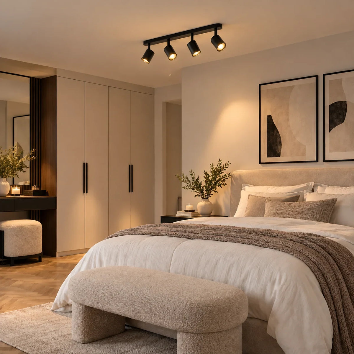 Four-spotlight ceiling bar light in matt black, above a bed