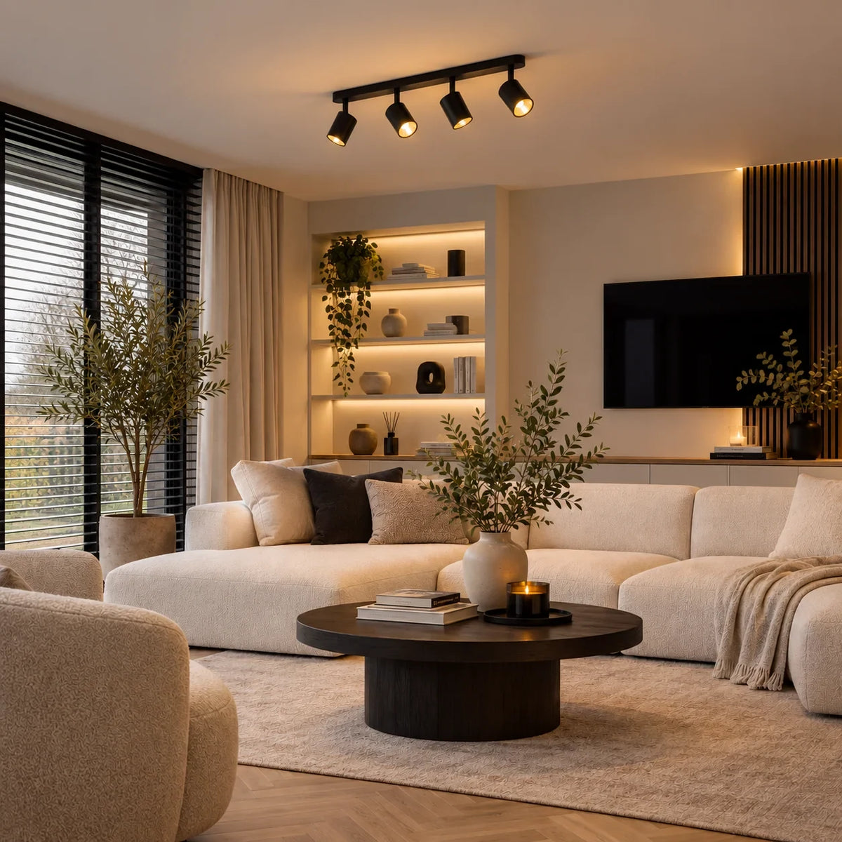 Four-spotlight ceiling bar light in matt black, in a living room