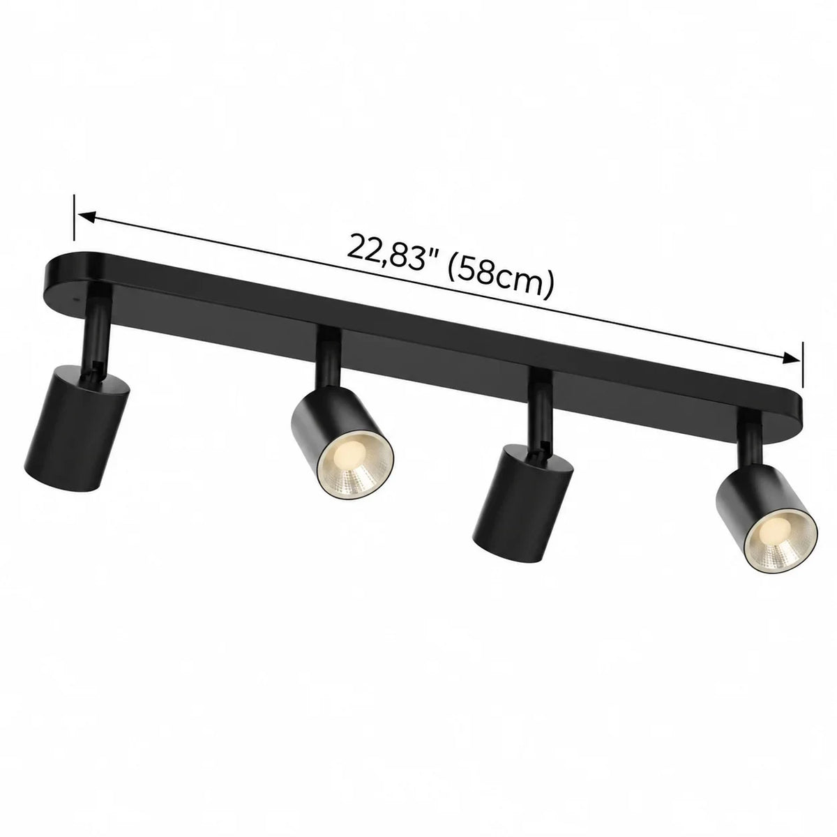 Four-spotlight ceiling bar light in matt black, with measurements