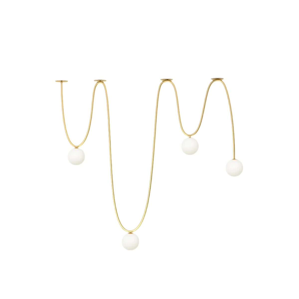 Free-form looping cable pendant with five white globes, brushed brass, on a plain background