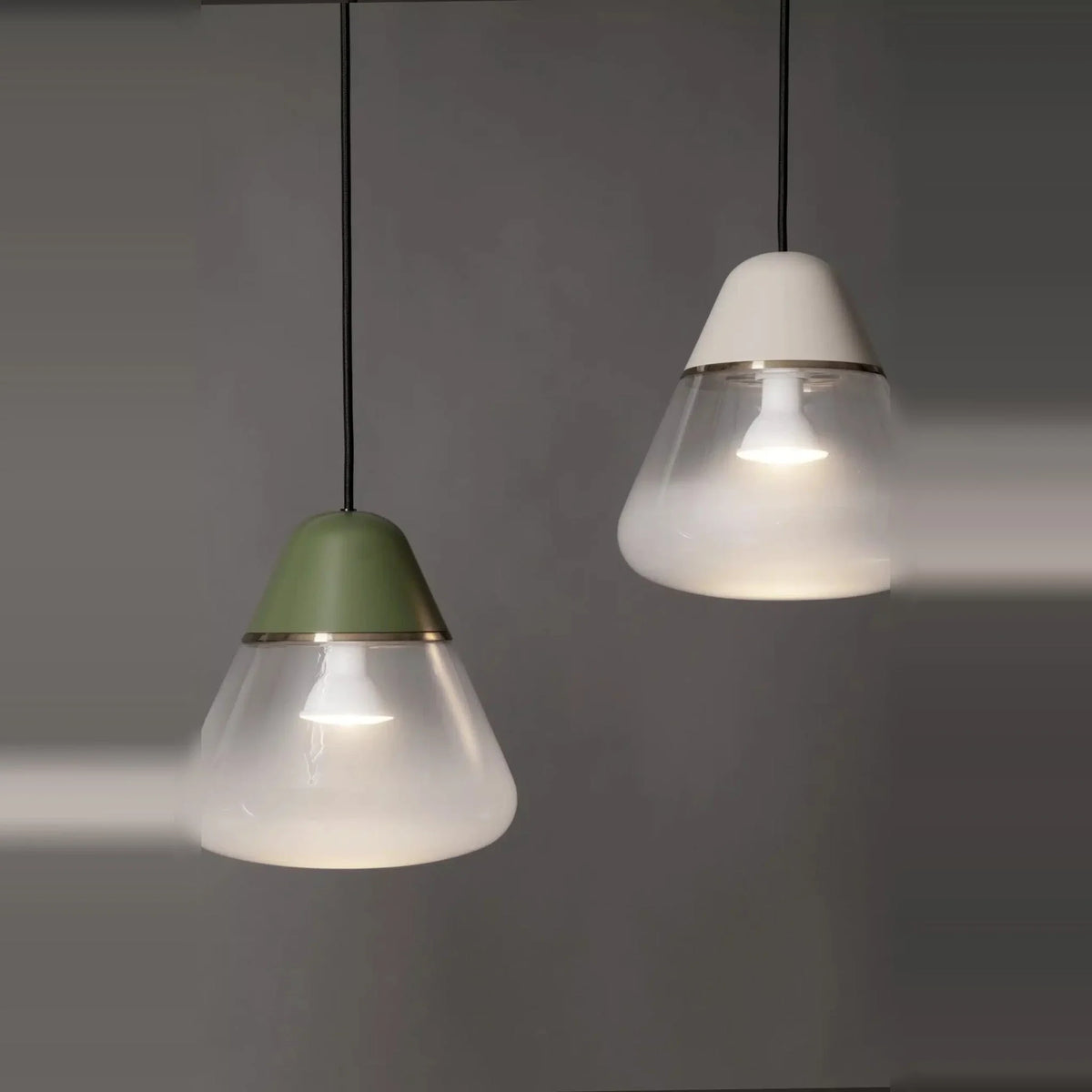 Frosted glass cone pendant, in olive green and oatmeal