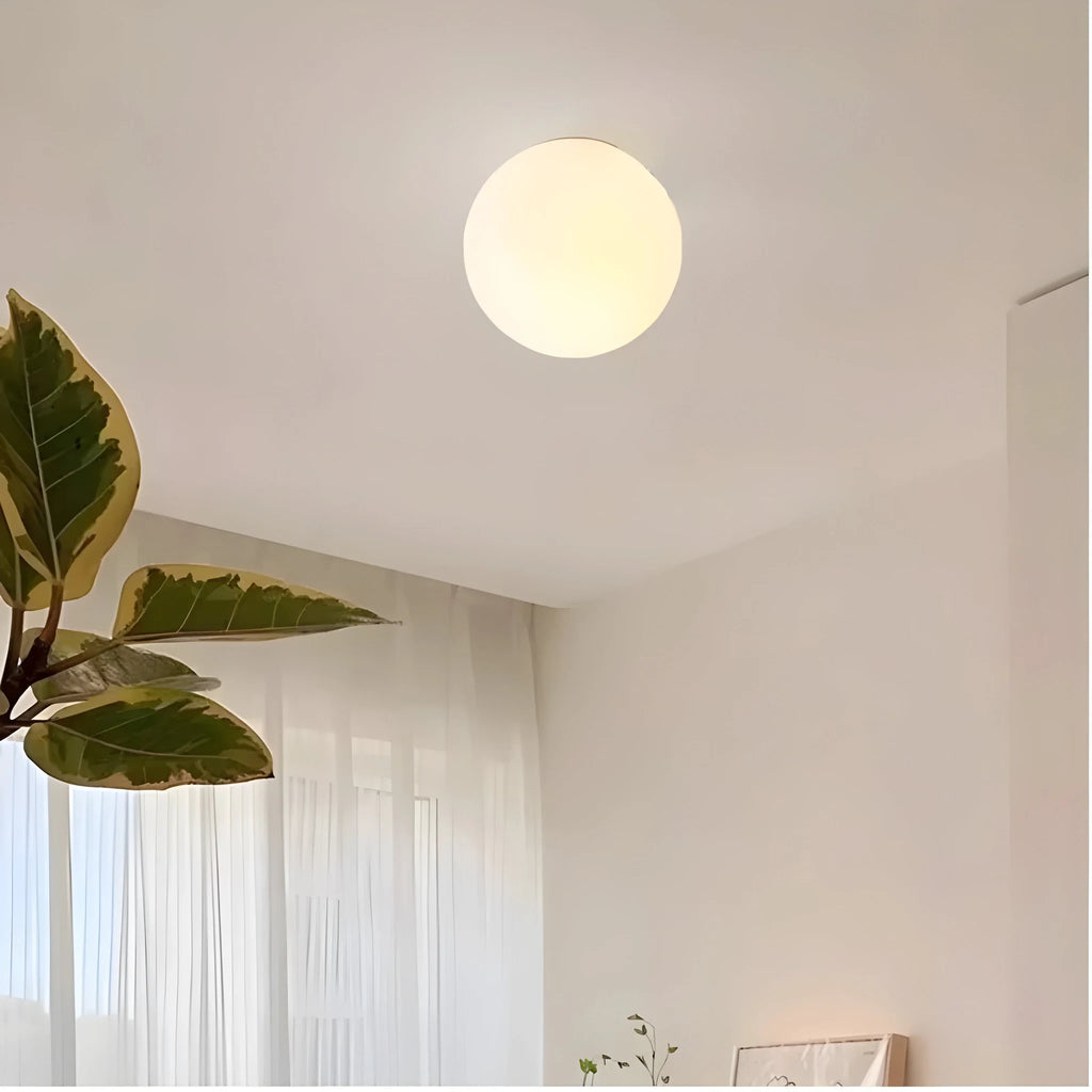 Frosted glass globe wall light, lit near a window
