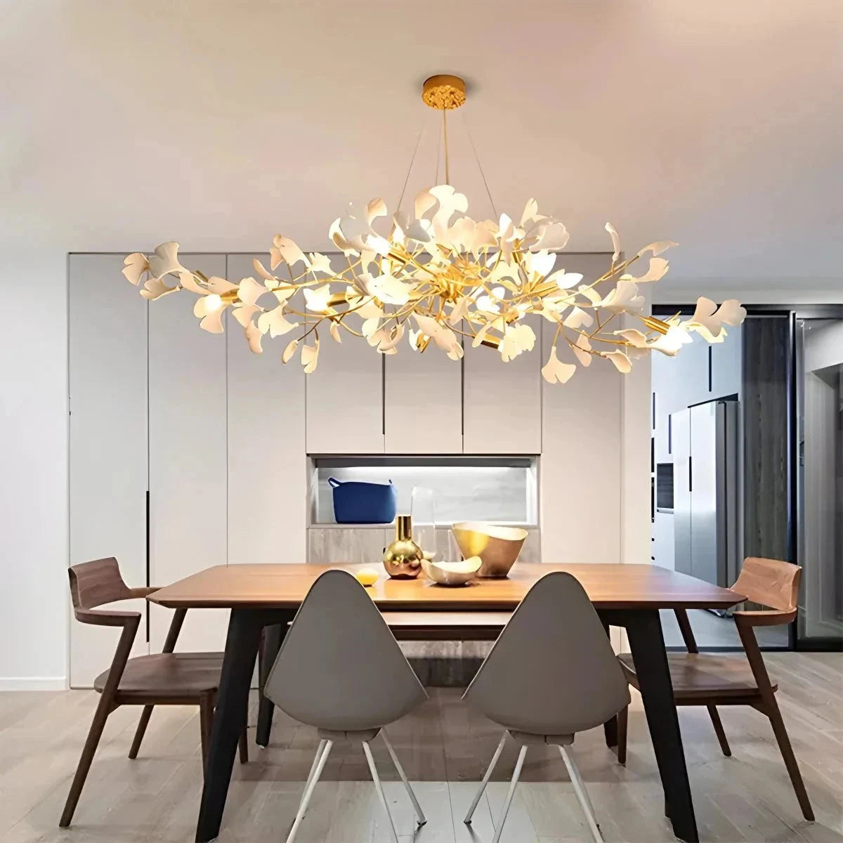 Ginkgo leaf chandelier in gold and white