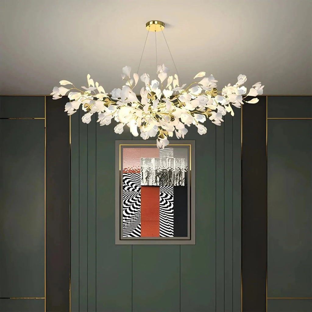 Ginkgo leaf chandelier in gold and white