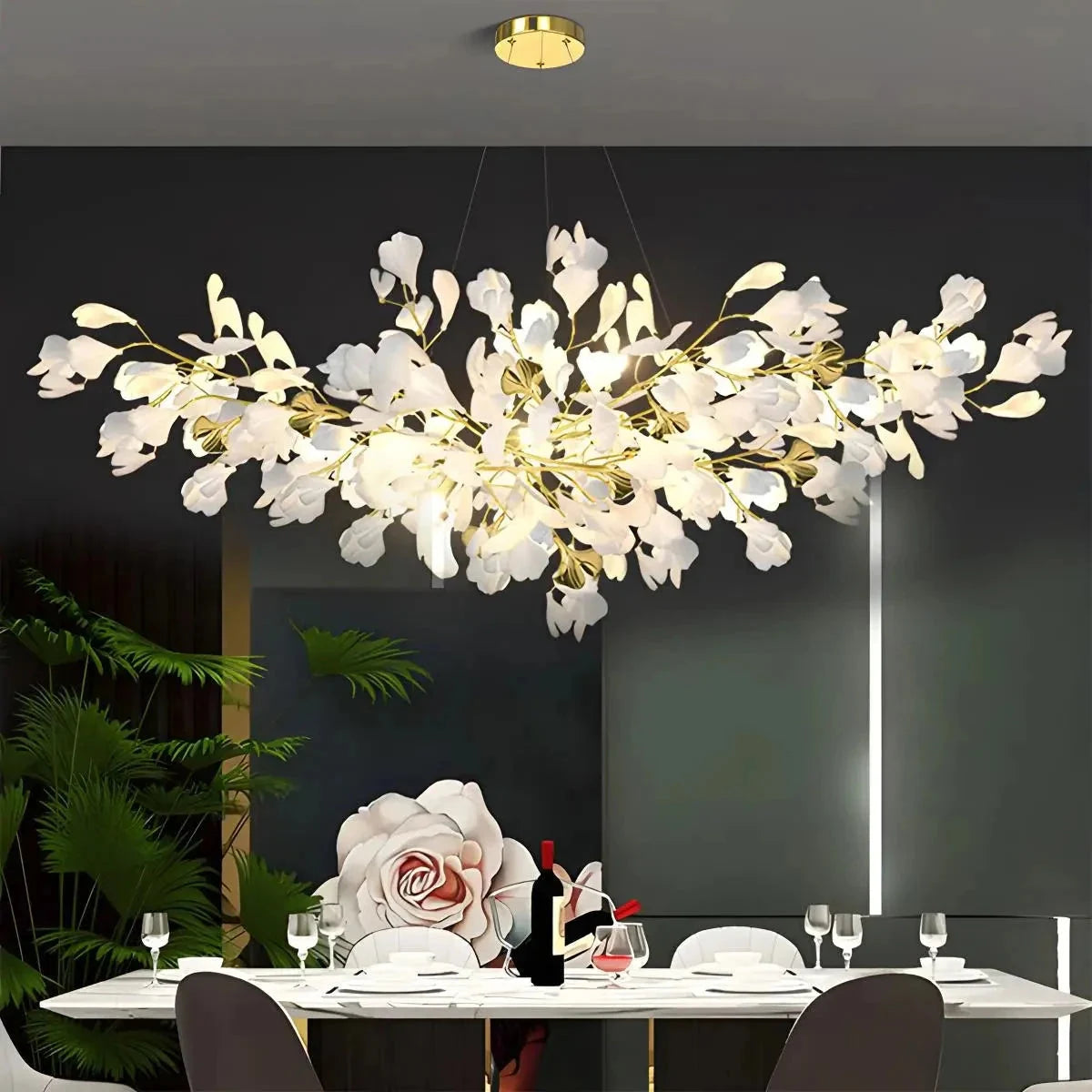 Ginkgo leaf chandelier in gold and white