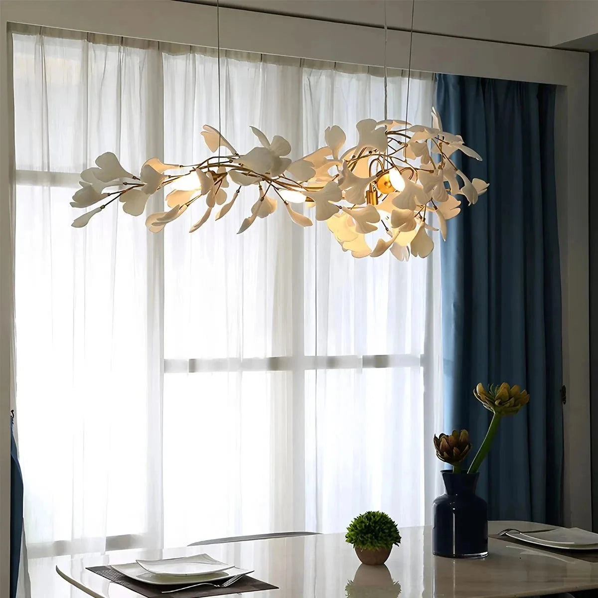 Ginkgo leaf chandelier in gold and white