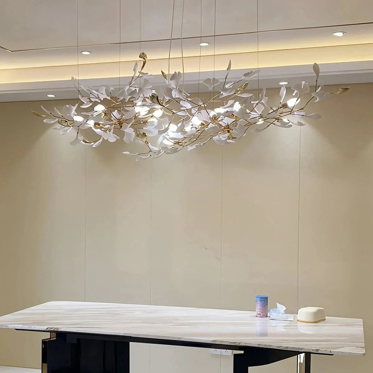Ginkgo leaf chandelier in gold and white