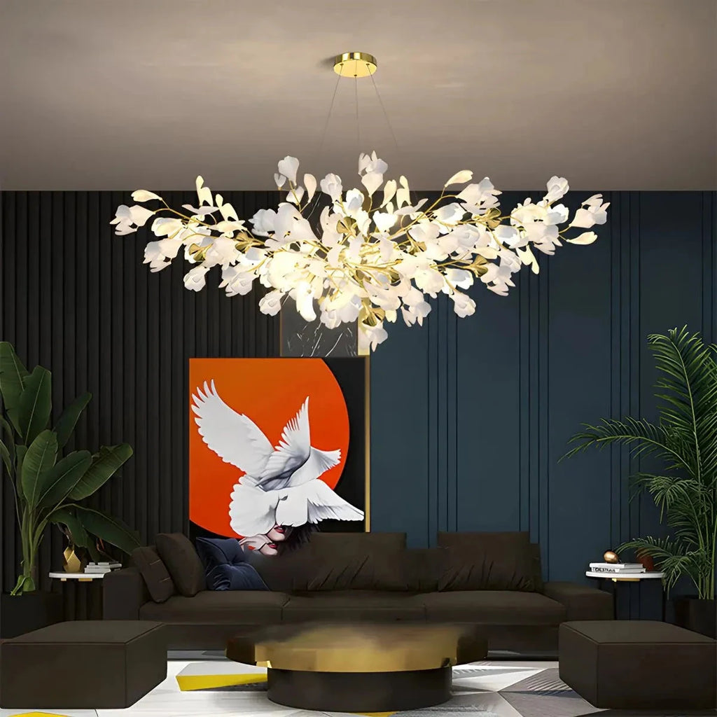 Ginkgo leaf chandelier in gold and white