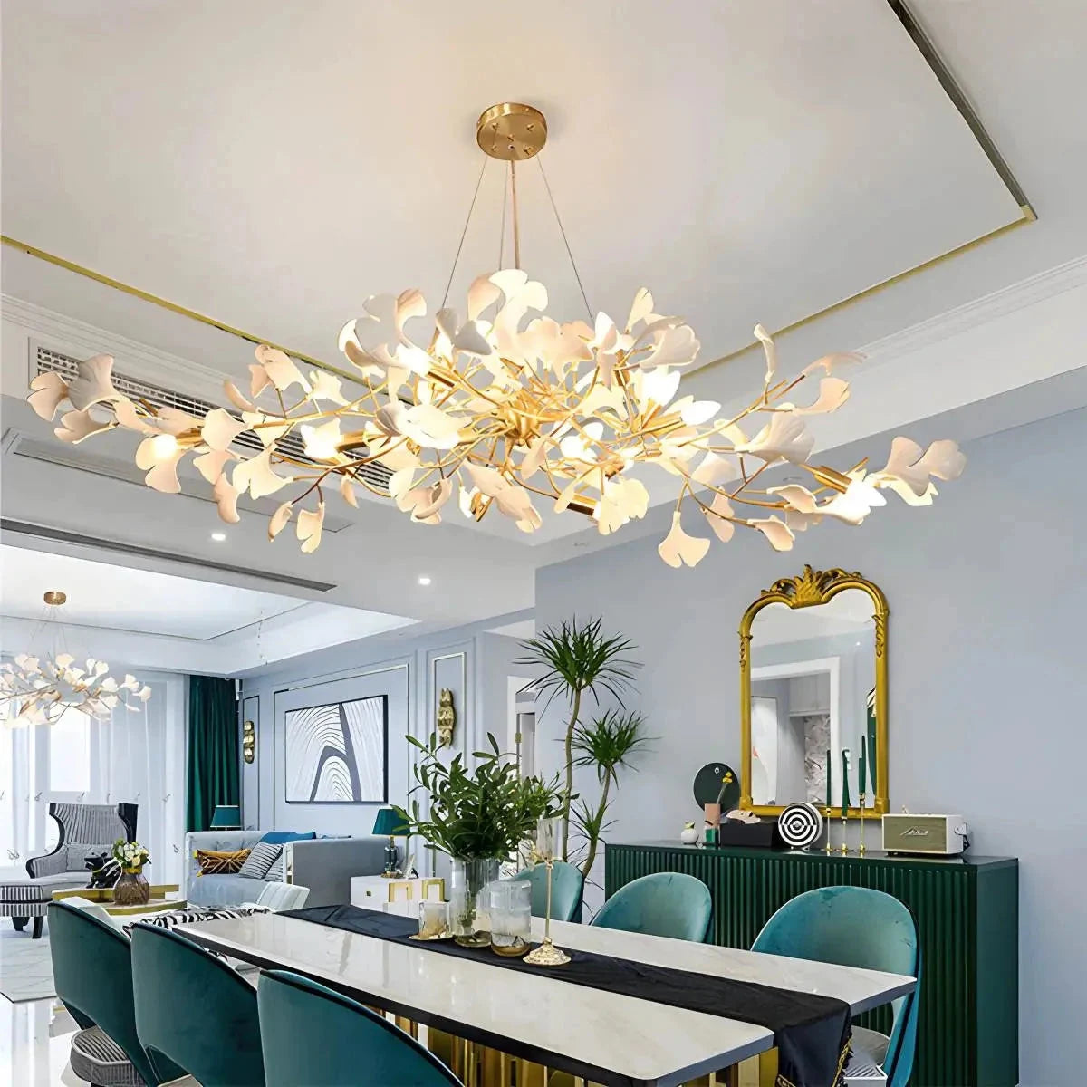 Ginkgo leaf chandelier in gold and white
