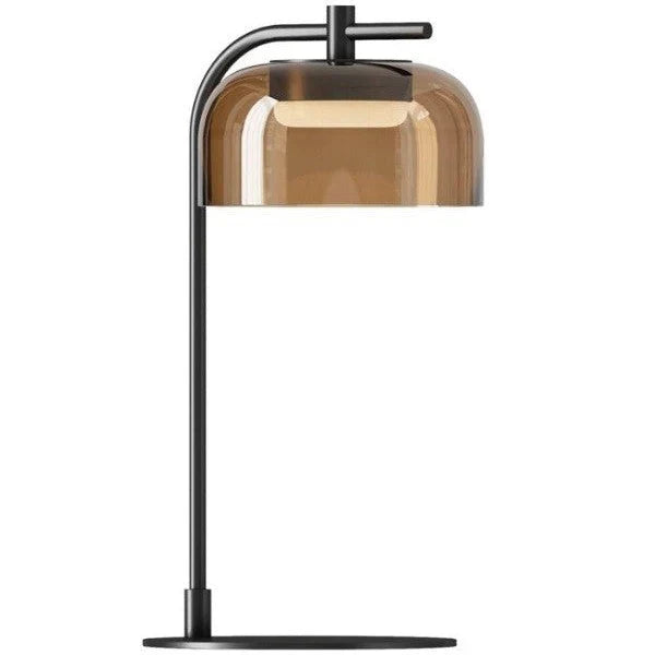 Arc table lamp with glass dome shade, in matt black with a smoked amber shade