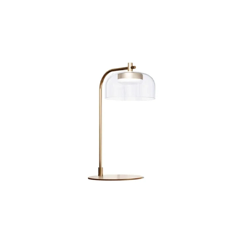 Arc table lamp with glass dome shade, in aged gold