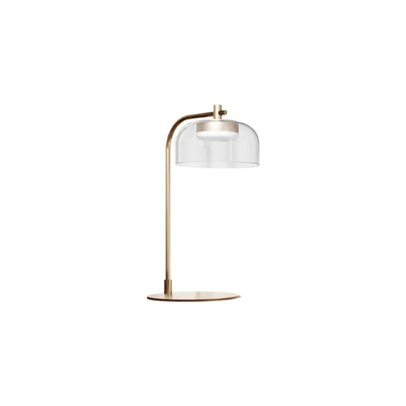 Arc table lamp with glass dome shade, in aged gold
