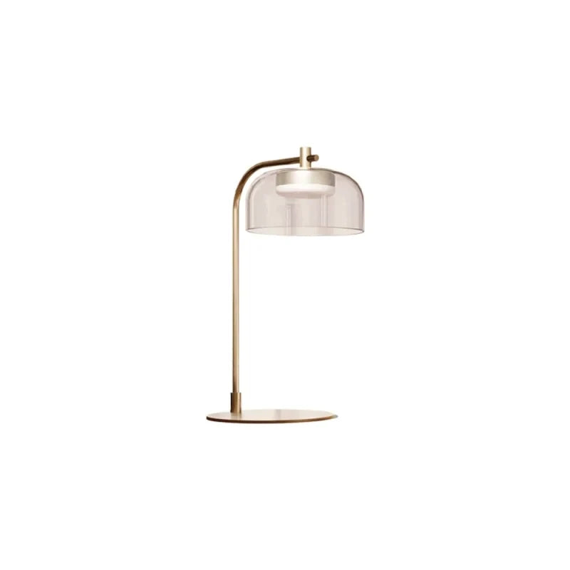 Arc table lamp with glass dome shade, in aged gold
