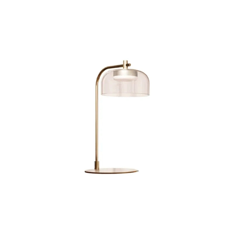 Arc table lamp with glass dome shade, in aged gold
