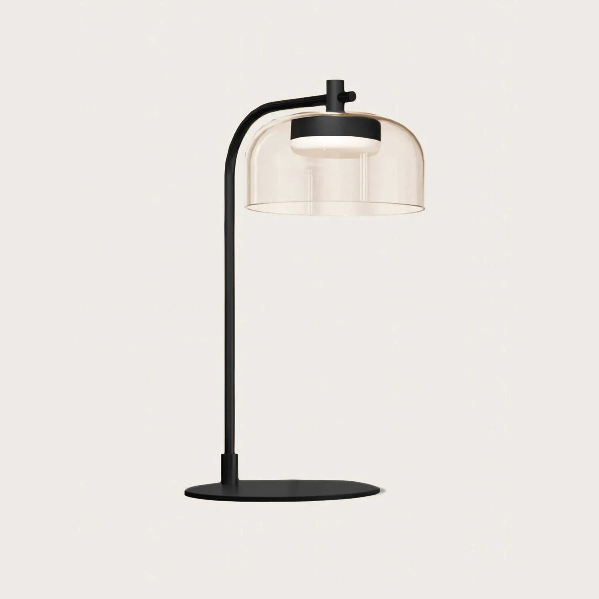 Arc table lamp with glass dome shade, in matt black with a clear glass shade