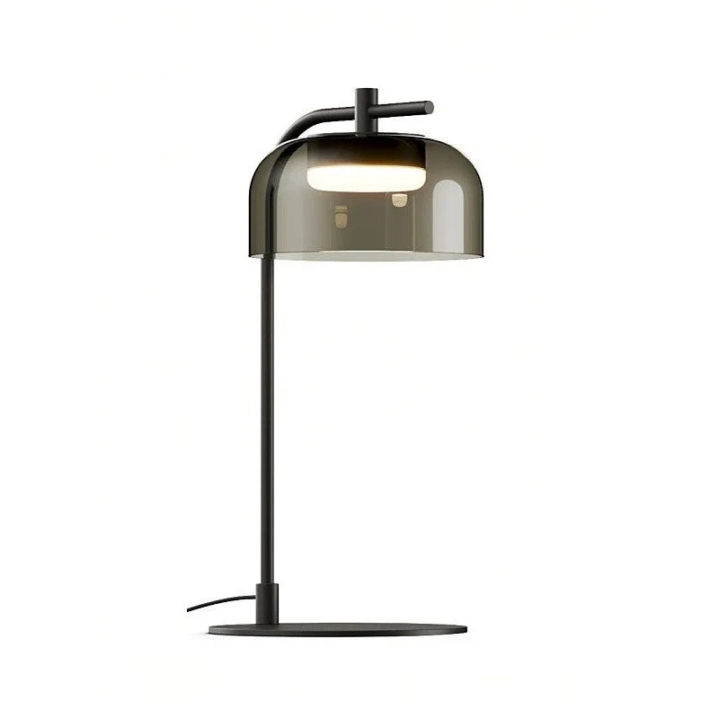 Arc table lamp with glass dome shade, in matt black with a smoked grey shade