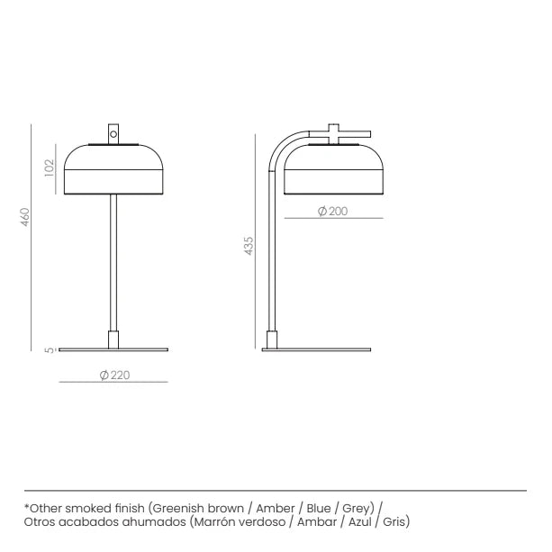 Arc table lamp with glass dome shade, dimension drawing