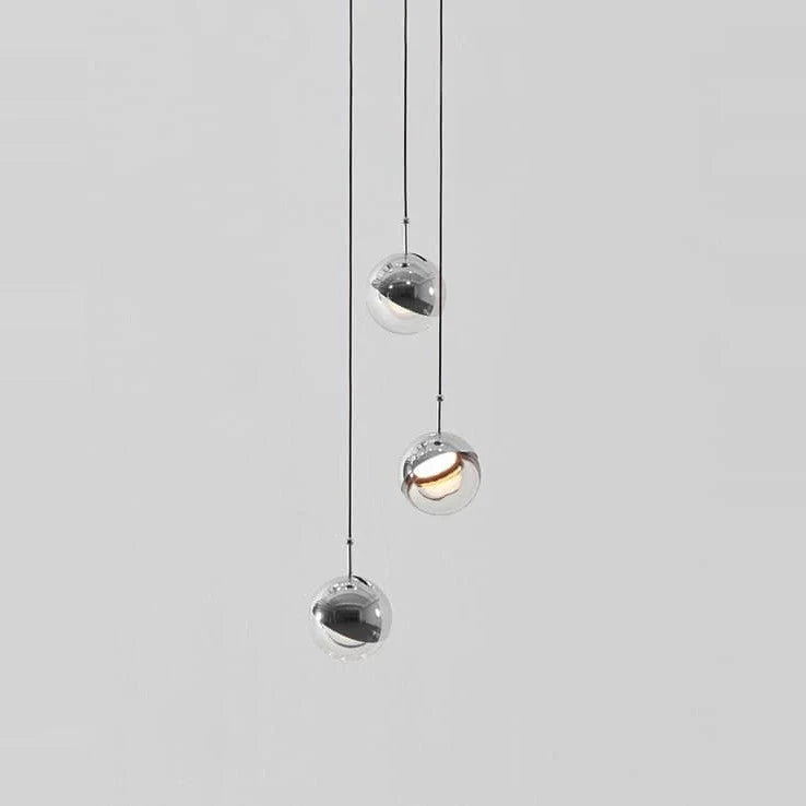 Glass globe cluster pendant, three lights, in chrome