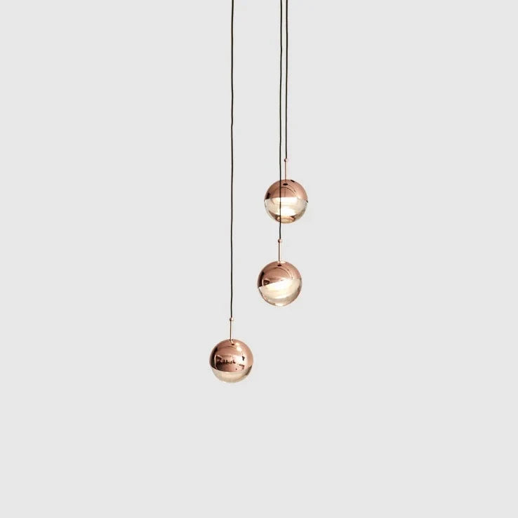 Glass globe cluster pendant, three lights, in copper, side view