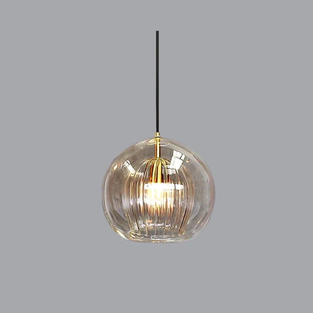 Ribbed glass globe pendant light, amber glass, 15cm