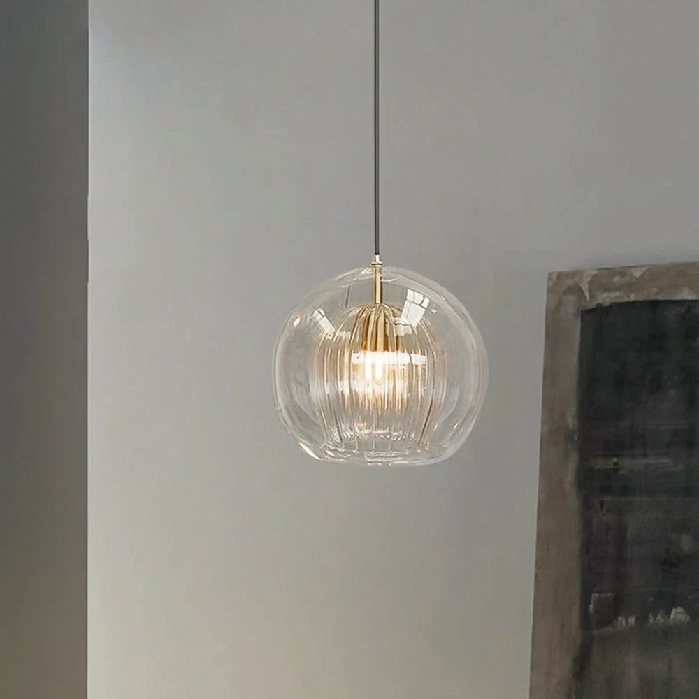 Ribbed glass globe pendant light, clear glass, 15cm