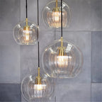 Ribbed glass globe pendant light, clear glass, mixed sizes