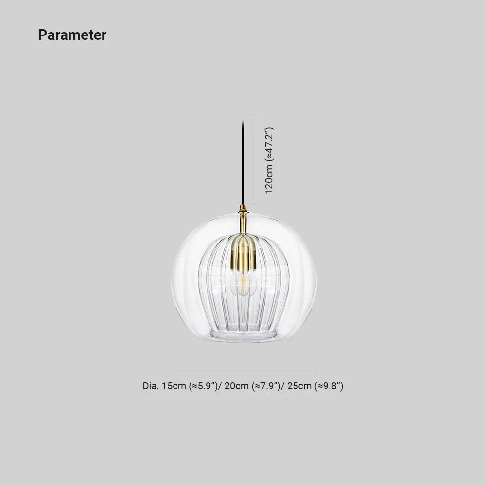 Ribbed glass globe pendant light, with its dimensions