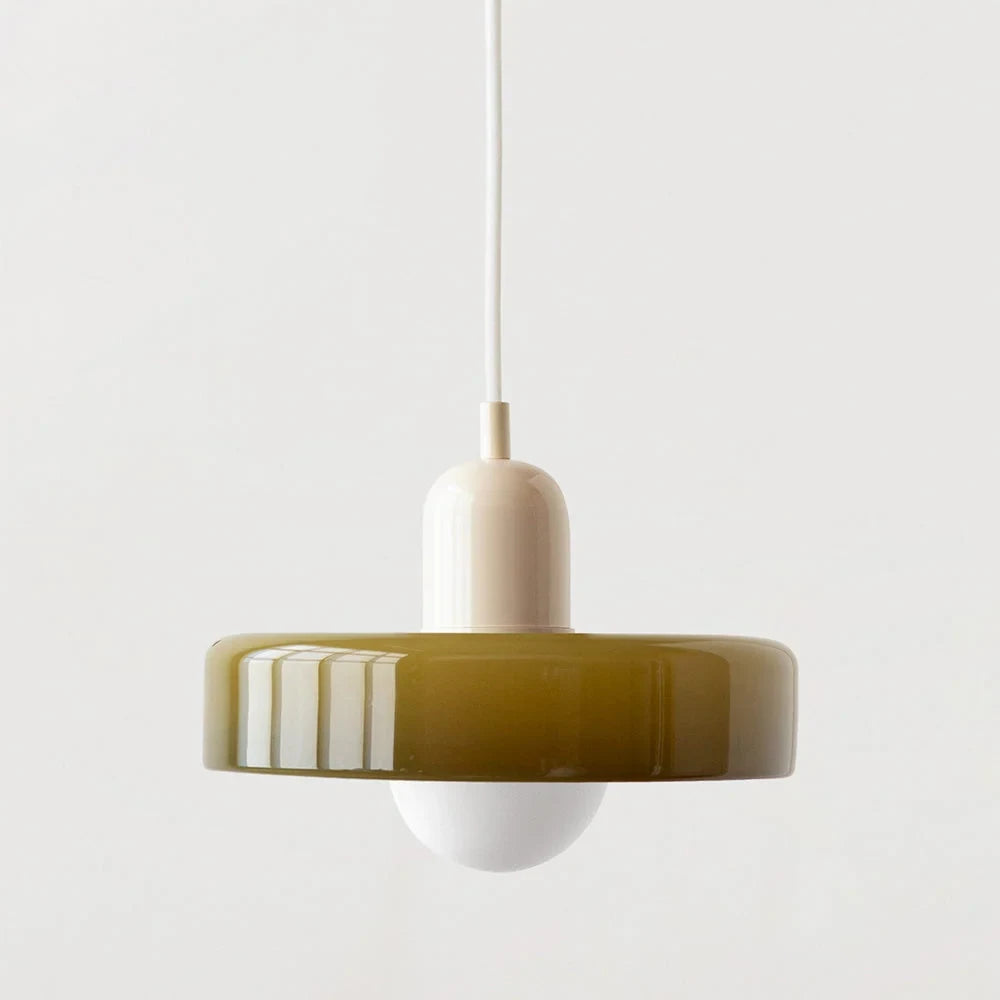 Glass pendant light with ring shade, Army green, Beige, 25cm wide