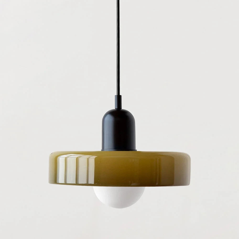 Glass pendant light with ring shade, Army green, Black, 25cm wide