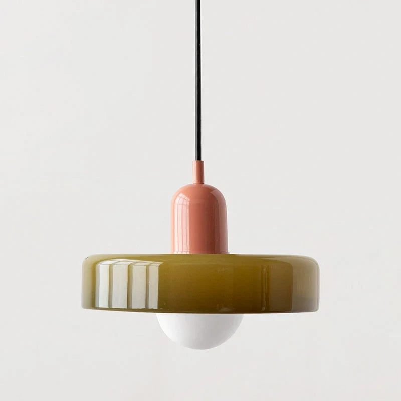 Glass pendant light with ring shade, Army green, Pink, 25cm wide