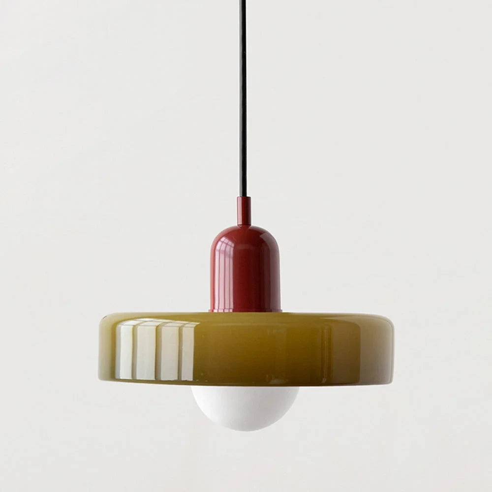 Glass pendant light with ring shade, Army green, Red, 25cm wide