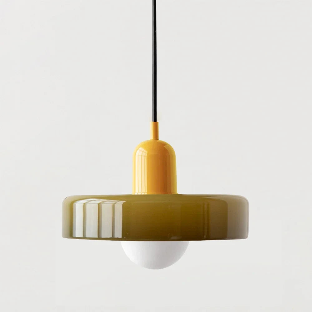 Glass pendant light with ring shade, Army green, Yellow, 25cm wide